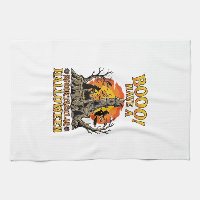 Booo Spooktacular Halloween Witch Cauldron Castle  Kitchen Towel (Horizontal)