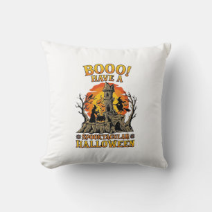 Booo Spooktacular Halloween Witch Cauldron Castle Throw Pillow