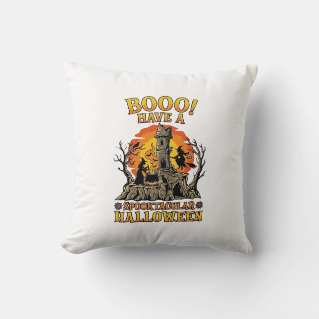 Booo Spooktacular Halloween Witch Cauldron Castle  Throw Pillow (Front)