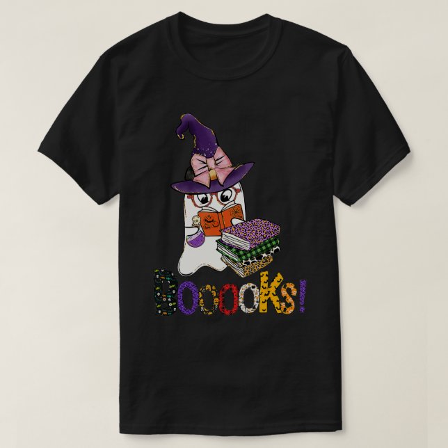 Booooks! Cute Ghost Reading Library Books Hallowee T-Shirt (Design Front)