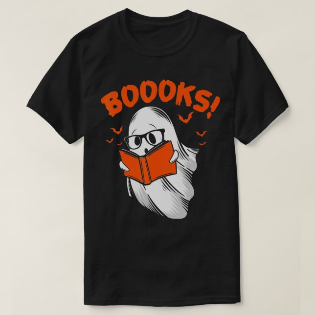 Booooks! Cute Ghost Reading Library Books Hallowee T-Shirt (Design Front)