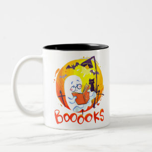 Booooks Funny Ghost Reading Library Books Hallowee Two-Tone Coffee Mug