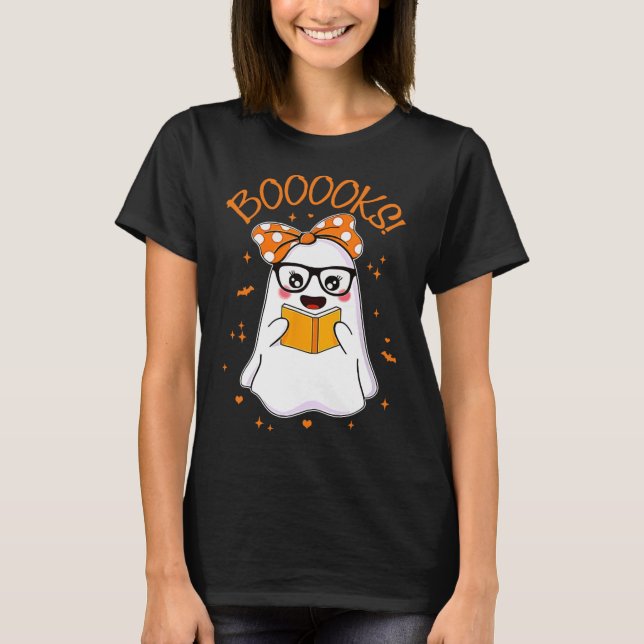 Booooks Ghost Halloween Women Teacher Book Library T-Shirt (Front)