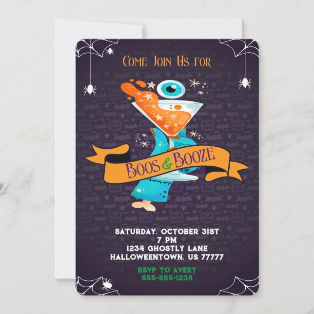 Boos and Booze Adult Halloween Cocktail Party  Invitation (Front)