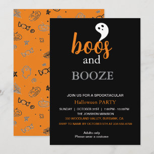 Boos and Booze Black Orange Adult Halloween Party  Invitation