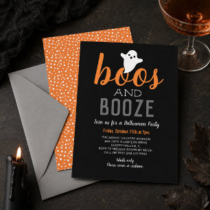 Boos and Booze Black Orange Adult Halloween Party Invitation