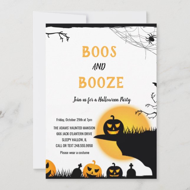 Boos and Booze Black yellow Adult Halloween Party  Invitation (Front)