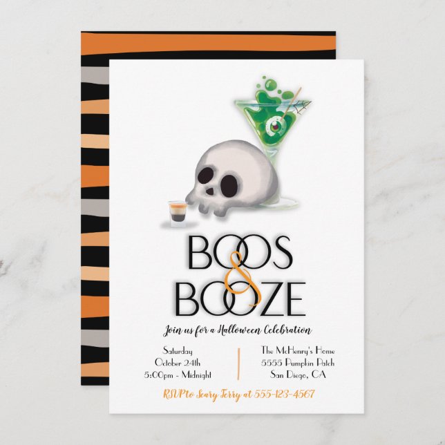 Boos and Booze Cocktail Modern Halloween Party Invitation (Front/Back)