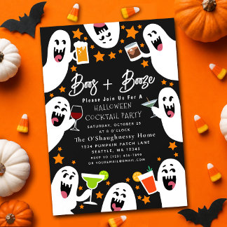 Boos and Booze Funny Ghost Adult Halloween Party Invitation