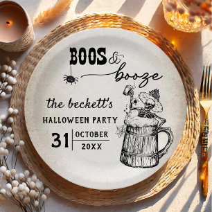 Boos and Booze Ghost Halloween Party Paper Plate