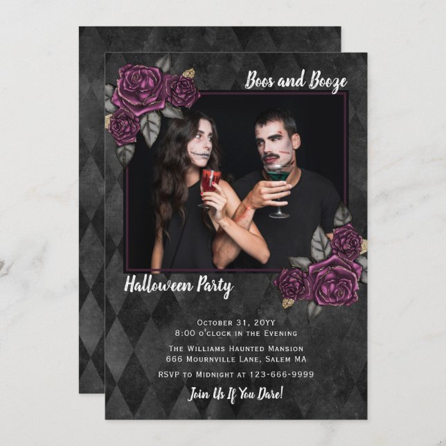Boos and Booze Gothic Roses Photo Halloween Invitation (Front/Back)