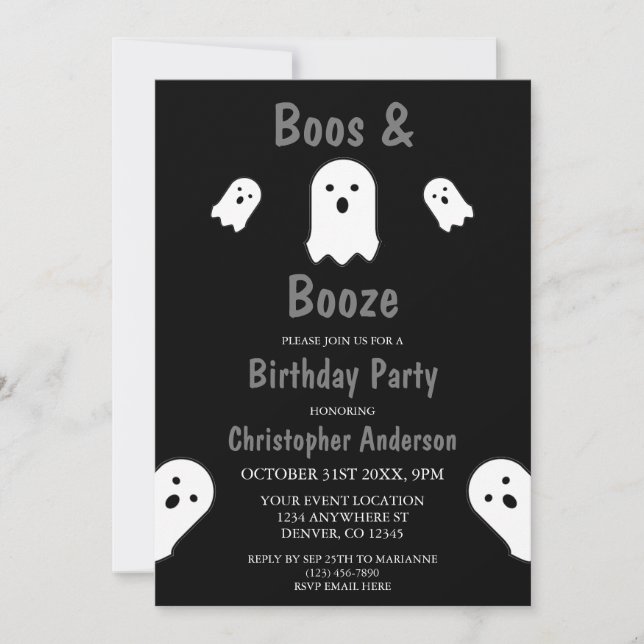 Boos and Booze Halloween Birthday Party Invitation (Front)