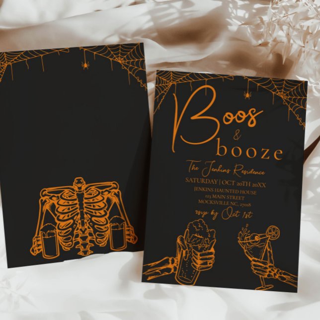 Boos and Booze Halloween Skeleton Party Orange Invitation (Creator Uploaded)