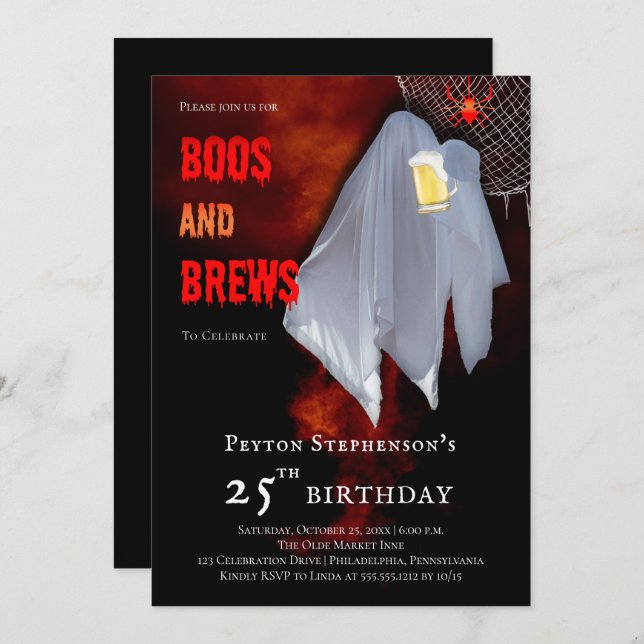 Boos and Brews Ghost Halloween 25th Birthday Party Invitation (Front/Back)