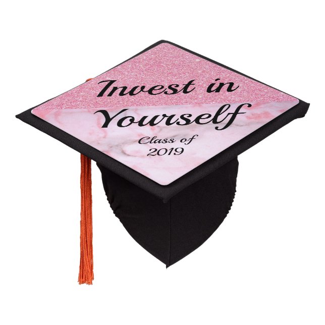 Boos Babe, Pink Glitter, Invest in Yourself Graduation Cap Topper (Angled)