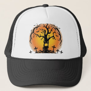 Boos Im Here Again Halloween Spooky Tree Pumpkins Trucker Hat