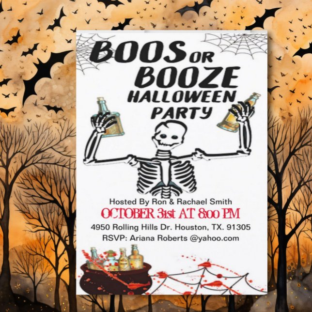 Boos Or Booze Skeleton Halloween  Invitation (Creator Uploaded)
