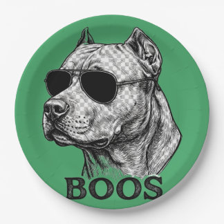 BOOS Pitbull with Sunglasses Ink Sketch Tattoo Des Paper Plate
