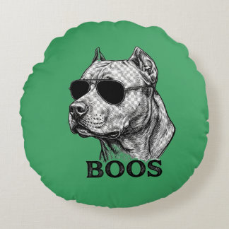 BOOS Pitbull with Sunglasses Ink Sketch Tattoo Des Round Pillow