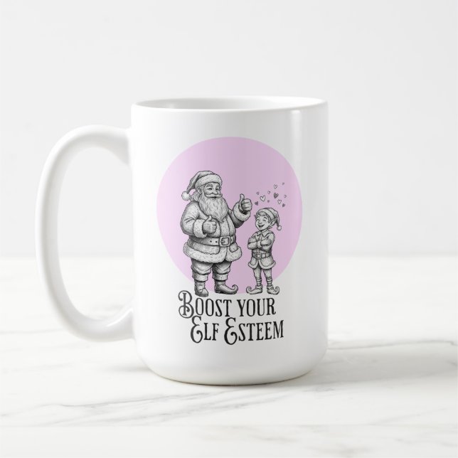 Boost your elf esteem funny santa elf pun mug (Left)