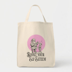 Boost your elf esteem funny santa elf pun tote bag