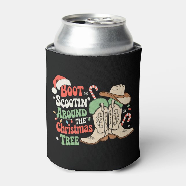Boot Scootin Around The Christmas Tree Western Can Cooler (Can Front)