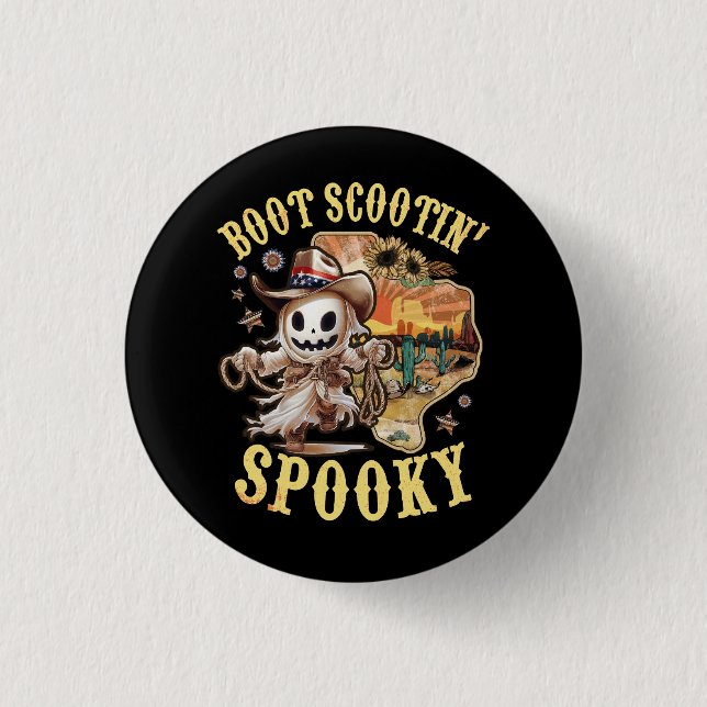 Boot Scootin Spooky Western Country Cowboy Ghost H 1 Inch Round Button (Front)