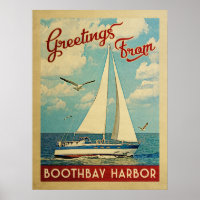 Boothbay Harbour Sailboat Vintage Travel Maine