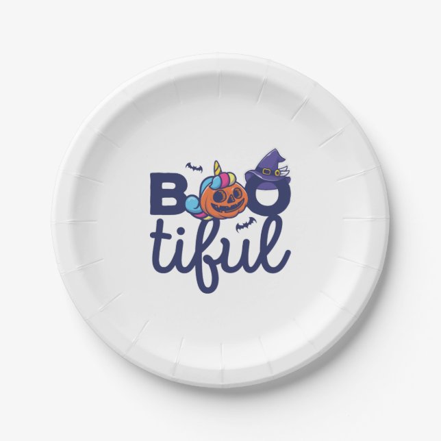 Bootiful Halloween Funny Unicorn Pumpkin lantern Paper Plate (Front)