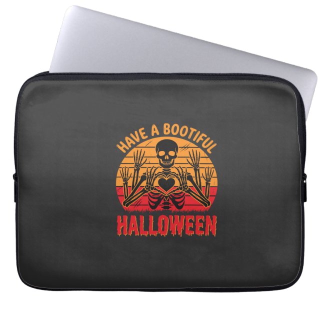 Bootiful Halloween Skeleton Heart Retro Sunset Des Laptop Sleeve (Front)