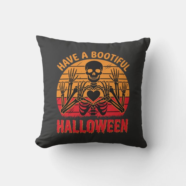 Bootiful Halloween Skeleton Heart Retro Sunset Des Throw Pillow (Front)