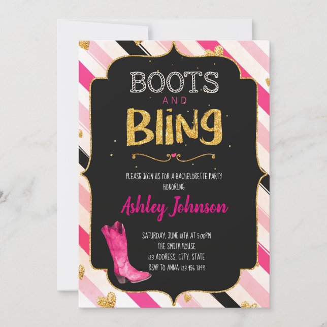 Boots and bling bachelorette party invitation (Front)