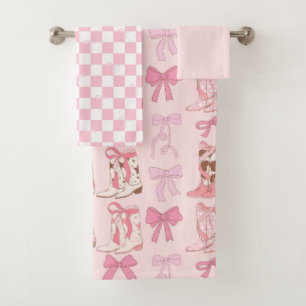 Boots and Bows Pink Girly Coquette Chequered Bath Towel Set