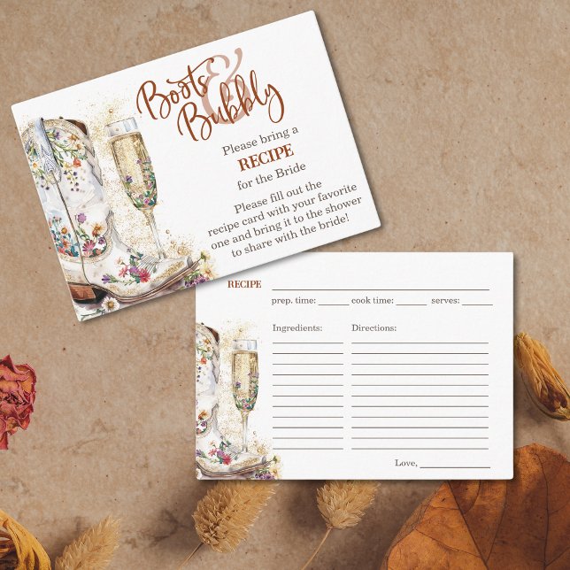 Boots and Bubbly Boho Bridal Shower Recipe Request Enclosure Card (boots and bubbly western boots with flowers and champagne)