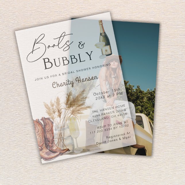 Boots And Bubbly Boho Pampas Grass Bridal Shower Vellum Invitations (Creator Uploaded)