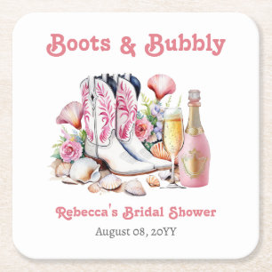 Boots and Bubbly Coastal Cowgirl Bridal Shower Square Paper Coaster