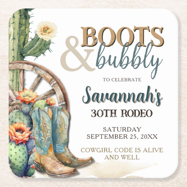 Boots and Bubbly Country Cowgirl Cactus Birthday Square Paper Coaster (Front)
