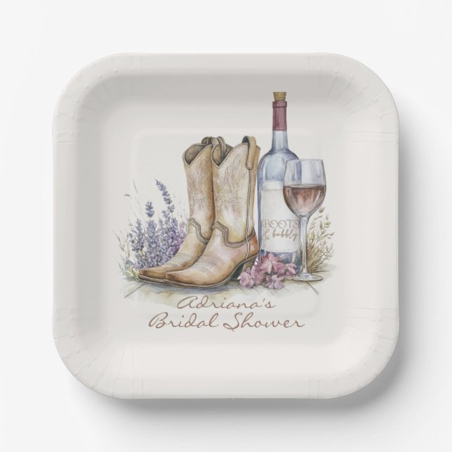 Boots and Bubbly Floral Bridal Shower Paper Plate (Front)