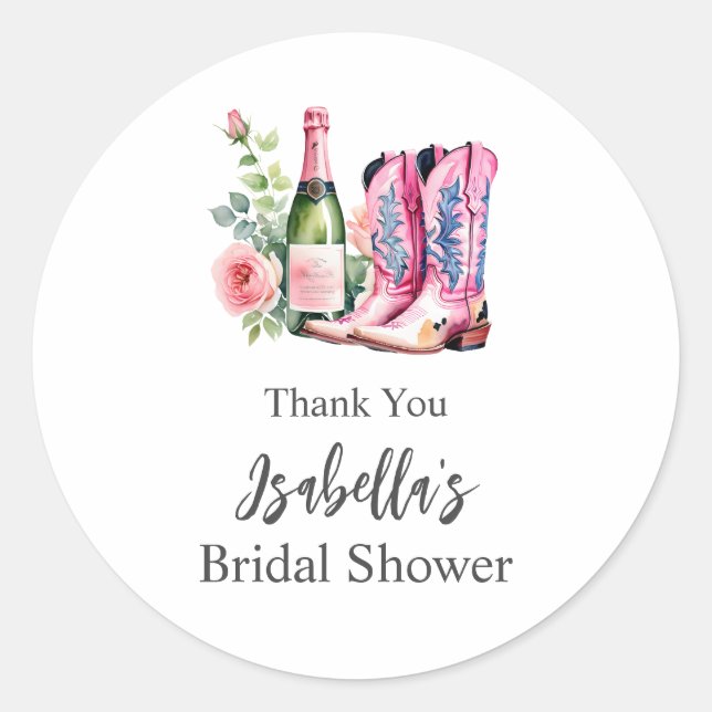 Boots and Bubbly Pink Bridal Shower Classic Round Sticker (Front)