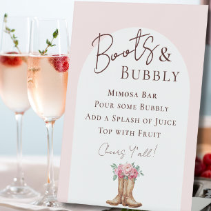 Boots and Bubbly Rustic Pink Floral Mimosa Bar Pedestal Sign