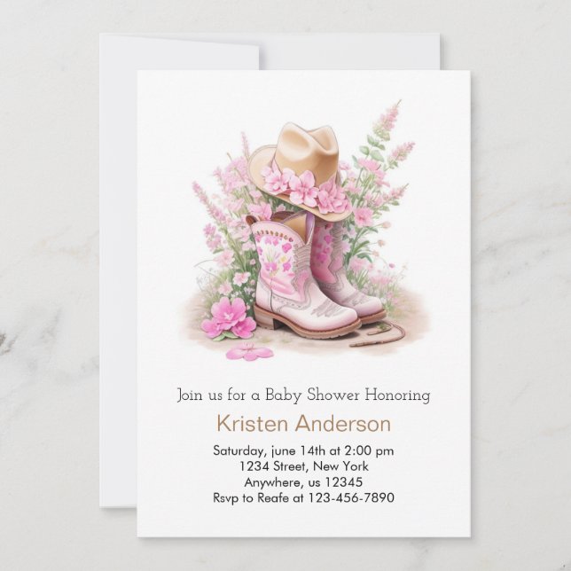 Boots and Hat Watercolor Cowgirl Baby Shower  Invitation (Front)