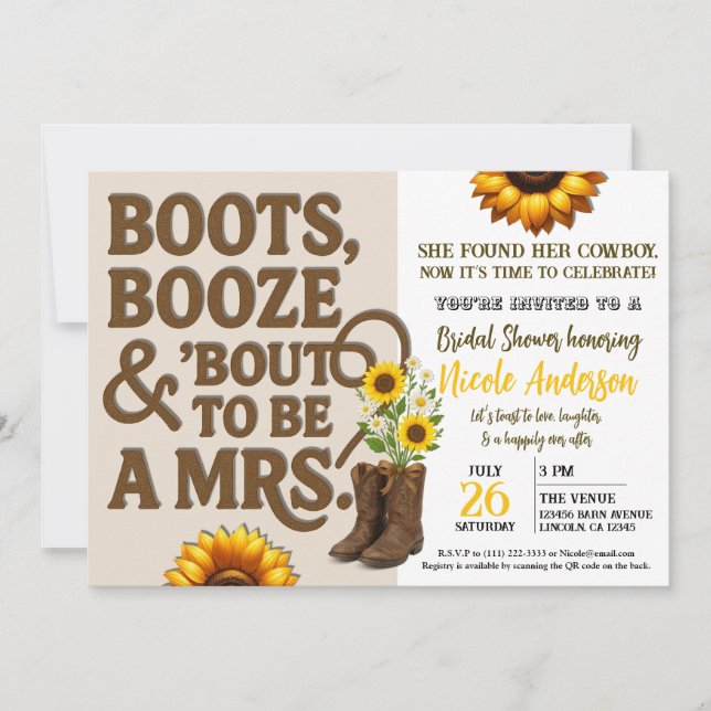 Boots Booze & Bout to be Mrs. Bridal Shower Photo  Invitation (Front)