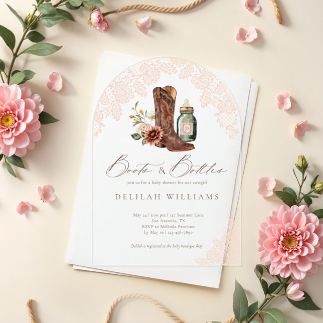 Boots & Bottles Cowgirl Western Baby Shower Arch Acrylic Invitations (Boots & Bottles Cowgirl Western Baby Shower Arch Acrylic Invitations)
