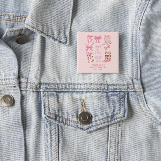 Boots & Bows Pink Girly Bachelorette Party Favour 2 Inch Square Button (In Situ)