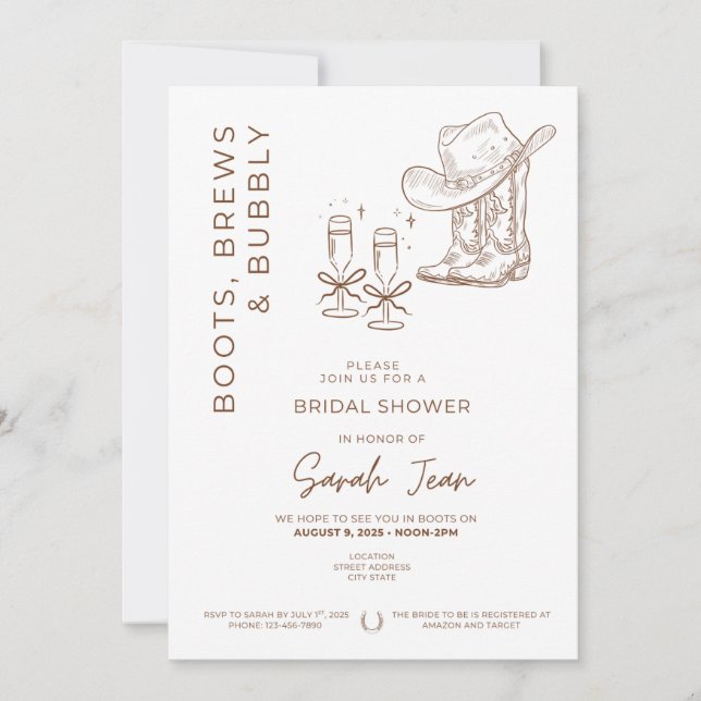 Boots, Brews and Bubbly Bridal Shower Invite (Front)