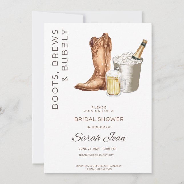 Boots, Brews et Bubbly Fête des mariées Invitation (Devant)