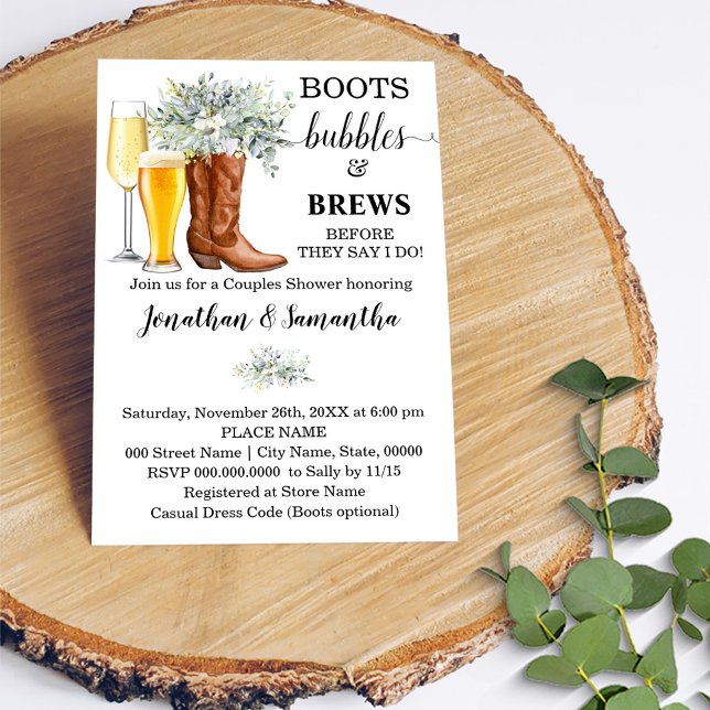 Boots Bubbles and Brews shower eucalyptus greenery Invitation (Creator Uploaded)