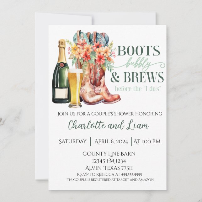 Boots, Bubbly, and Brews Before the I Do's Invitation (Front)