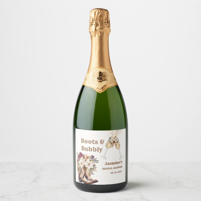 Boots & Bubbly Boho Western Bridal shower Party Sparkling Wine Label (Front)