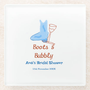 Boots & bubbly champagne bottle bridal shower blue glass coaster